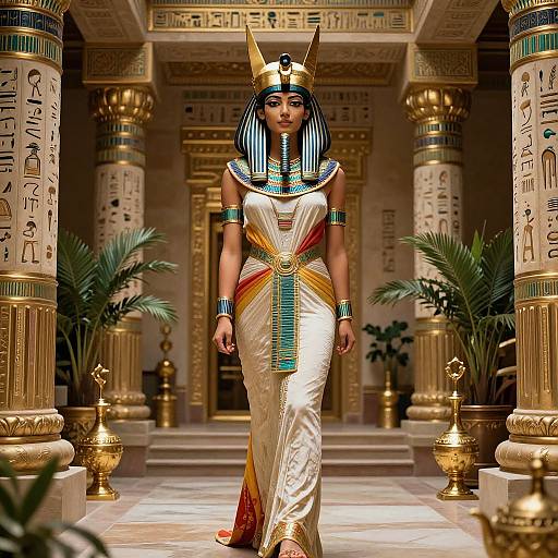 Photorealistic image of an Egyptian woman in traditional attire, with a golden headdress, white dress, blue and gold accents, walking through an ancient