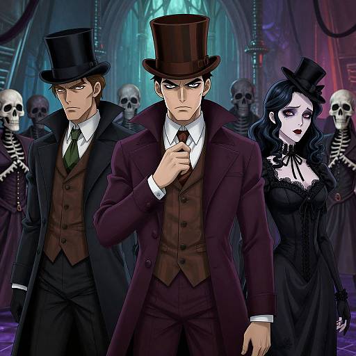 Gothic Trio Amid Skull-Faced Crowd