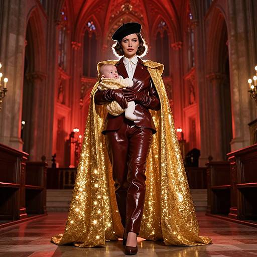 Photograph of a woman in a black leather suit, golden sequin cape, black hat, holding a baby, standing in a red-lit go