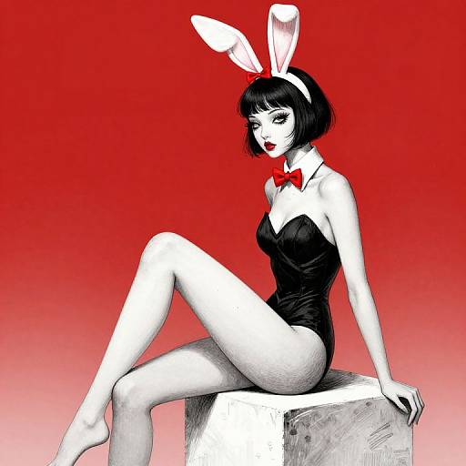 Digital art of a white-skinned woman with black bob haircut, red lips, black bunny suit, red bowtie, white bunny ears, sitting on