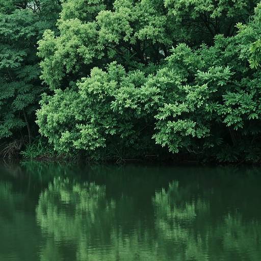 Photograph of dense, vibrant green foliage reflecting on calm, dark green water, creating a serene, mirror-like effect.