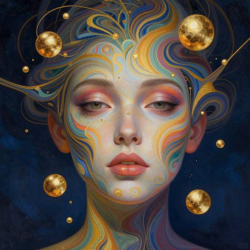 Digital art portrait of a pale-skinned woman with swirling multicolored patterns on her face, surrounded by glowing golden spheres, set against a dark blue