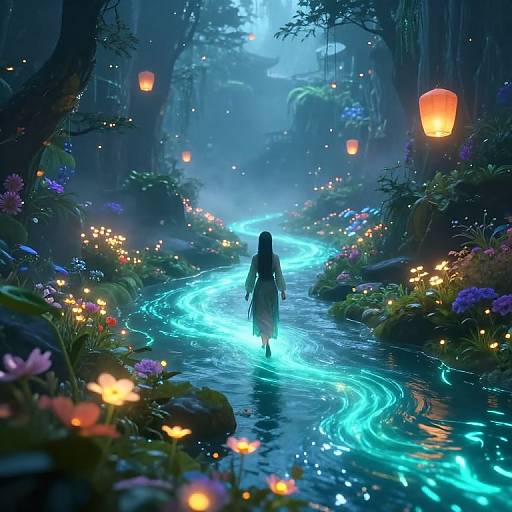 Digital fantasy artwork of a lone figure with long hair walking through a glowing, luminescent forest path surrounded by flowers, lanterns, and ethereal
