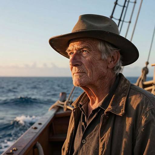 Photograph of an elderly white man with weathered face, grey hair, and beard, wearing a brown hat and jacket, standing on a wooden ship