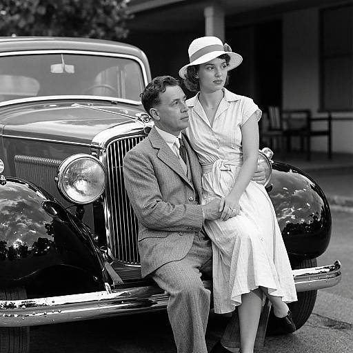 Black-and-white photograph of a 1940s couple, man in suit, woman in dress and hat, seated in front of a vintage car.