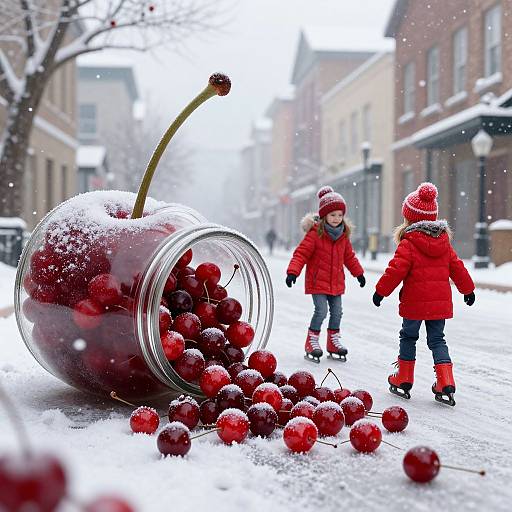 Photograph of two children in red winter clothes standing on snowy street, with overturned glass jar of red cherries spilled on snow, in a snowy,