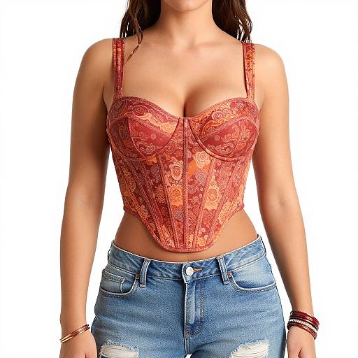 Photograph of a woman with tan skin, wearing a red lace bustier and blue distressed jeans, standing against a white background.