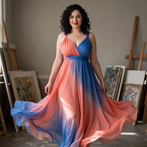 Photograph of a curly-haired woman with fair skin, wearing a flowing, gradient blue to pink dress, standing in a sunlit art studio with paintings