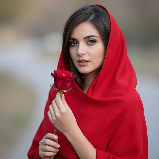 Photograph of a young woman with dark hair, wearing a vibrant red hooded cloak, holding a red rose, with a blurred outdoor background.