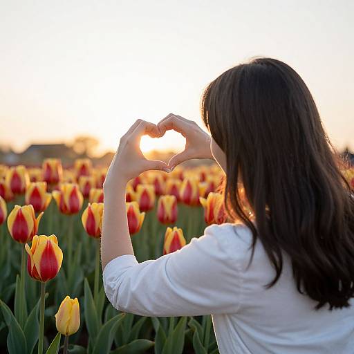 Photograph of a woman with shoulder-length brown hair, wearing a white shirt, forming a heart shape with her hands, standing in a vibrant yellow and