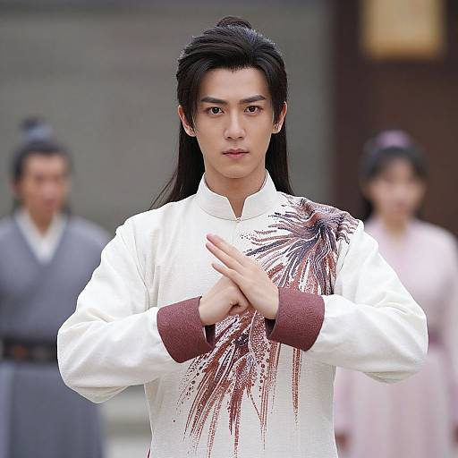 Photorealistic digital rendering of a young Korean man with long black hair, wearing a white traditional shirt with brown accents and bloodstains, standing with