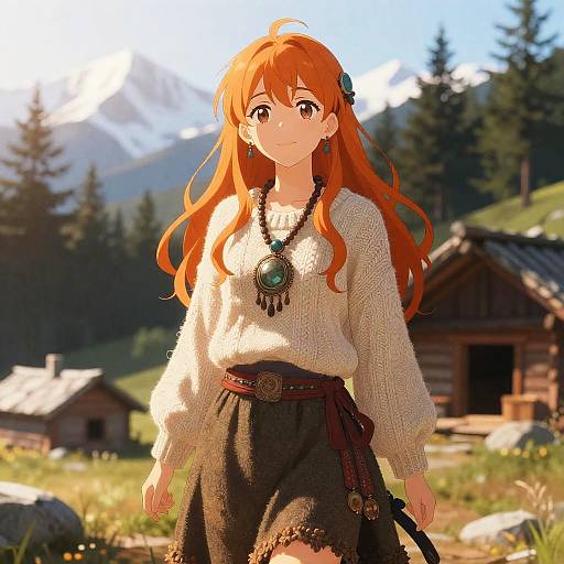 Serene Anime Girl in Mountain Cabin