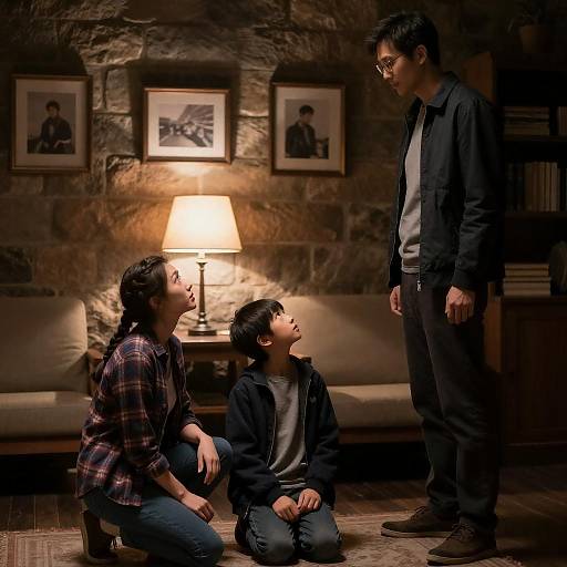 Dimly Lit Stone Room Family Moment