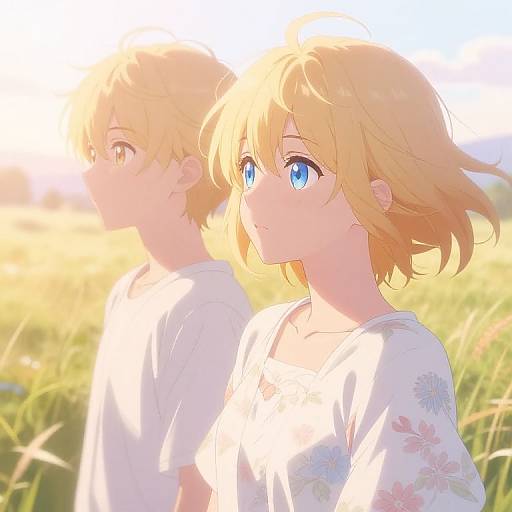 Blonde Anime Characters in Peaceful Meadow