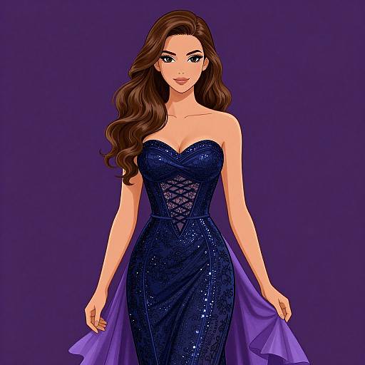 Digital illustration of a beautiful woman with long, wavy brown hair in a strapless, sparkling navy blue dress with lace details, against a solid purple