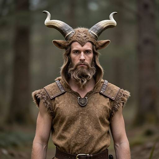 Photograph of a muscular, bearded man with large, curved horns, wearing a brown fur tunic, in a blurred forest background.
