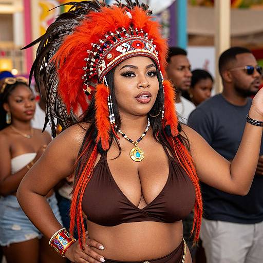 Photograph of a curvy Black woman with large breasts, wearing a red and black feathered headdress, black bikini top, and colorful jewelry,