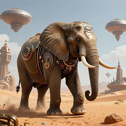 Digital artwork of an ornately decorated elephant with large ivory tusks standing in a desert, surrounded by futuristic floating cities.