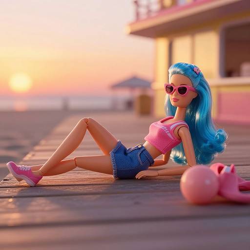 Photograph of a blue-haired doll with sunglasses, pink top, denim shorts, and pink shoes, lounging on a wooden pier at sunset.