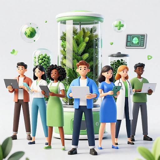 Illustration of diverse scientists holding tablets, standing in front of a green plant-filled cylindrical lab tank with a digital monitor.