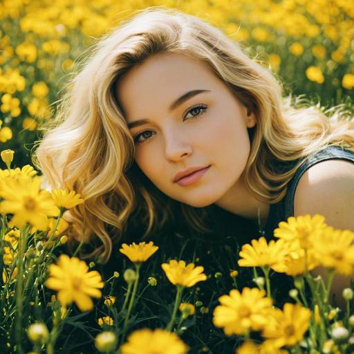 Blonde Woman in Sunlit Flower Field
