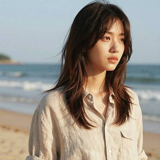 Photograph of an East Asian woman with long black hair, wearing a light beige button-up shirt, standing on a sunny beach with ocean waves in the