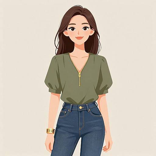 Digital illustration of an Asian woman with long brown hair, green V-neck blouse, blue jeans, gold zipper, and gold watch.