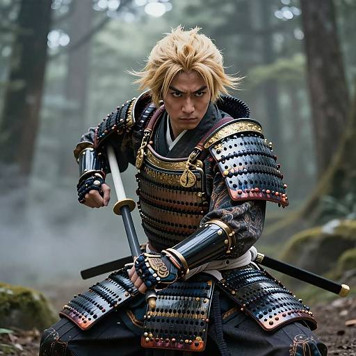 CGI image of a fierce blonde samurai with intense expression, wearing detailed black and gold armor, holding a katana in a misty forest.