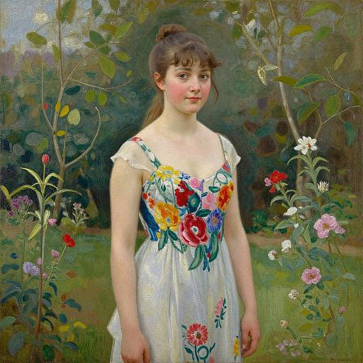 Oil painting of a young woman with fair skin, brown hair in a ponytail, wearing a white dress with colorful floral embroidery, standing in a vibrant