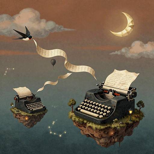 Floating Typewriter Islands at Dusk