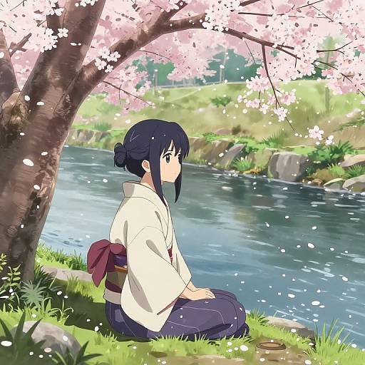 Anime-style digital artwork of a blue-haired girl in a white kimono and dark blue hakama, sitting by a tranquil cherry blossom tree beside a flowing