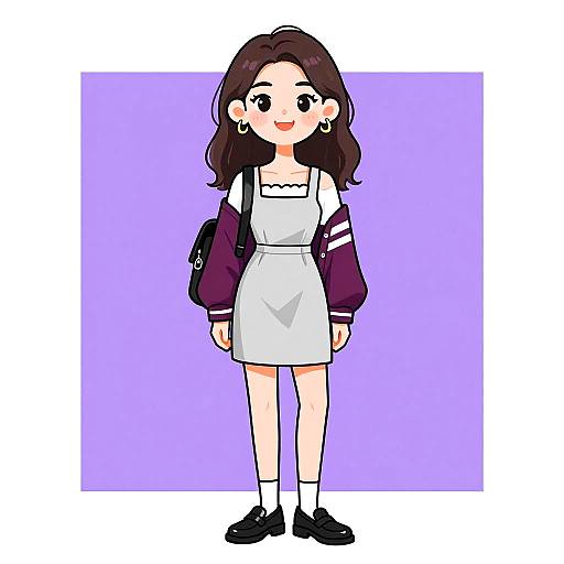 Digital anime-style drawing of a cute girl with long brown hair, wearing a white dress, purple jacket, black shoes, and earrings, against a purple