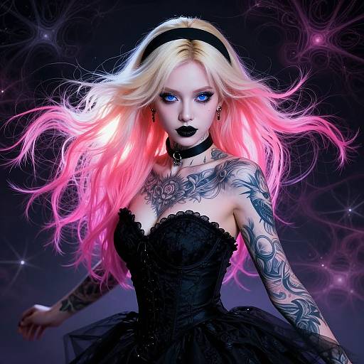 Digital art of a gothic, tattooed blonde woman with neon pink hair, black lace dress, choker, and dark lipstick, glowing blue eyes