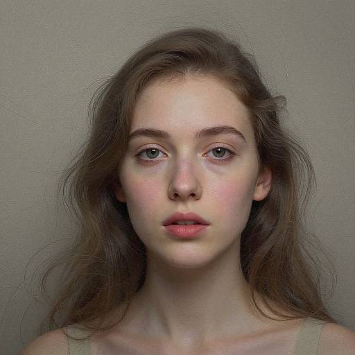 Photorealistic digital portrait of a young woman with fair skin, blue eyes, pink lips, and long brown hair against a gray textured background.