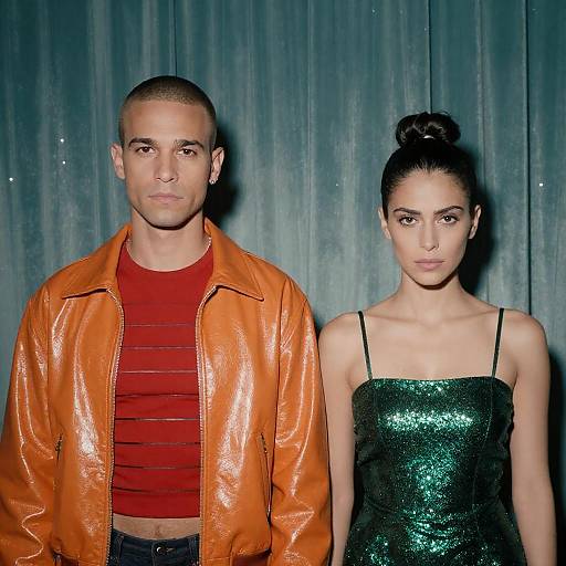 Stylish Portrait Against Shimmering Curtain