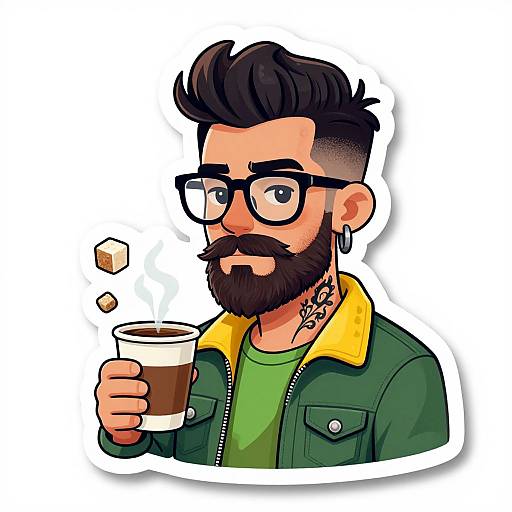 Digital cartoon of a bearded man with black hair, glasses, green jacket with yellow collar, green shirt, holding a coffee cup with floating sugar cubes