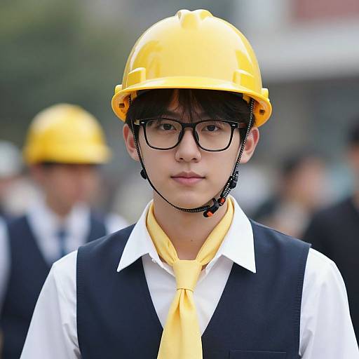 Photograph of an Asian boy with black glasses, yellow hard hat, yellow tie, white shirt, black vest, standing outdoors. Blurred background with