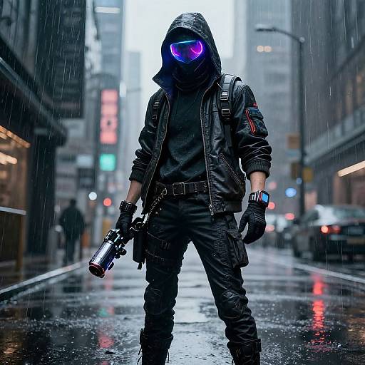 Cyberpunk hooded figure in rain-soaked city street, glowing purple visor, black leather jacket, gloves, gun, and tactical gear.