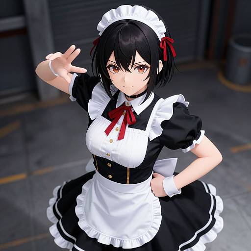 Digital anime-style drawing of a confident, black-haired, brown-eyed maid with short hair, red ribbons, black and white uniform, and hand gesture