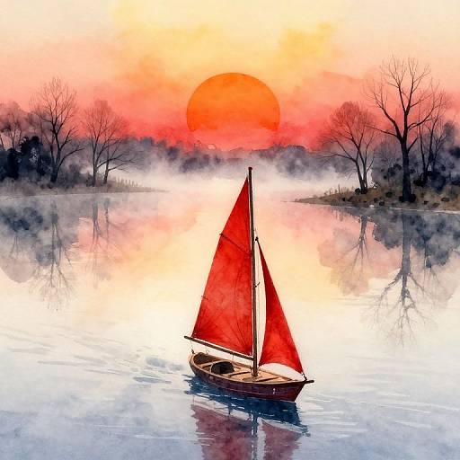 Photograph of a small red-sailed boat on a calm lake at sunrise, with a vibrant orange sun, misty background, and silhouet