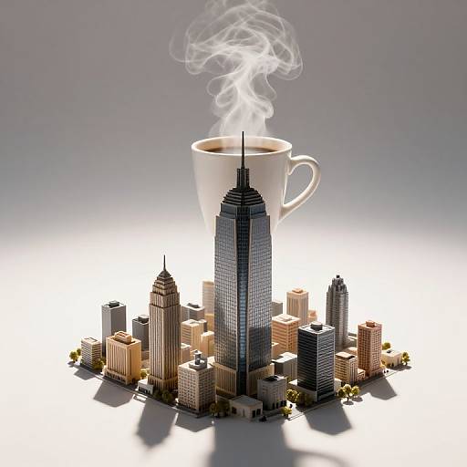Photograph of a giant white coffee cup emitting steam, towering over a detailed, miniature cityscape of skyscrapers and buildings.