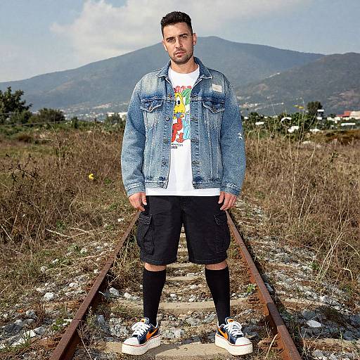 Retro Man in Faded Denim Outfit