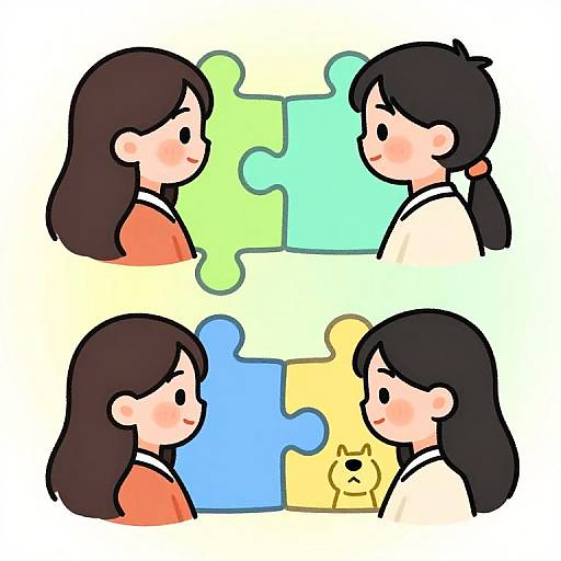 Digital drawing of two pairs of cute, anime-style girls with black hair and red/orange shirts, facing each other on colorful puzzle pieces.