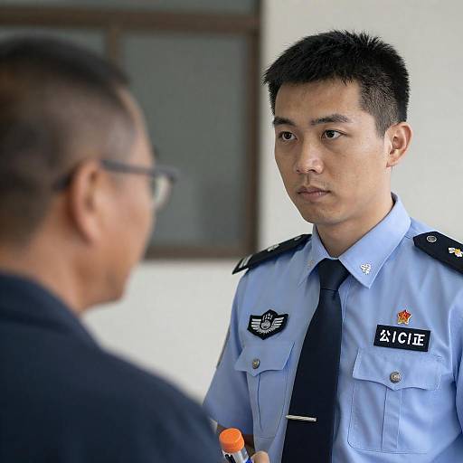 Focused Asian Officer in Blurry Background