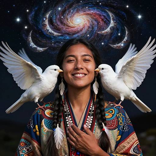 Photograph of smiling young woman with dark braids, wearing colorful embroidered kimono, two white doves perched on shoulders, cosmic galaxy and stars