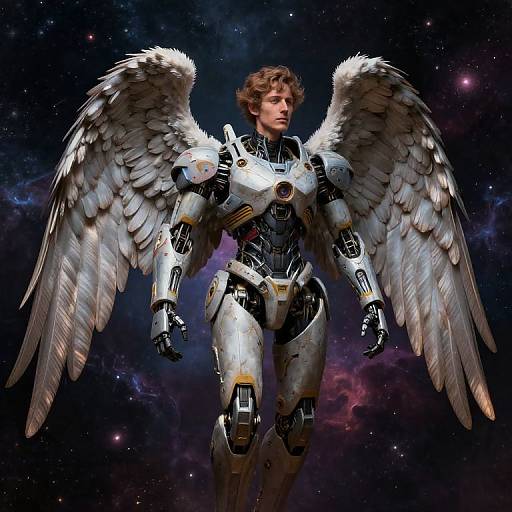 Digital artwork of a handsome man with brown curly hair, white feathered wings, and metallic white and black angelic armor, floating in a starry