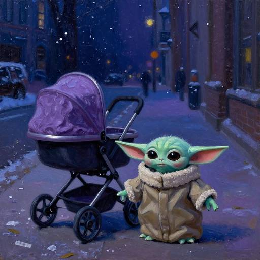 Digital art: A green, big-eared, cartoonish creature in a winter coat stands beside a purple stroller on a snowy, blue-lit