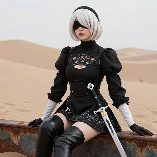 Woman Cosplaying in Desert with Sword