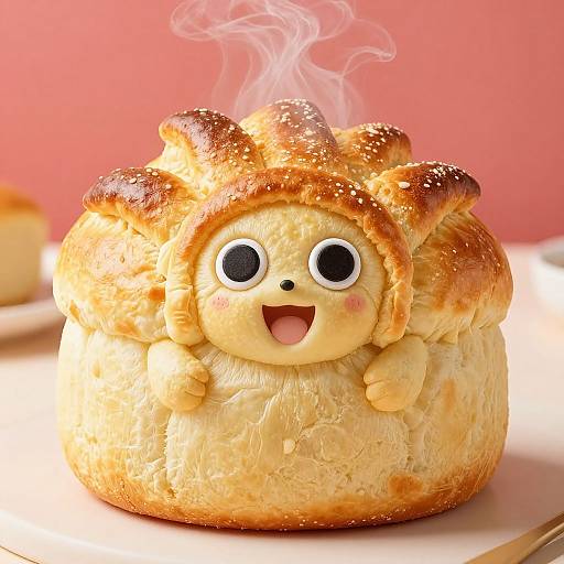 Cute, cartoonish, steamed bread bun with large eyes, open mouth, and puffy golden-brown crust, set against a pink background