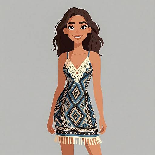 Digital illustration of a smiling, dark-haired woman in a blue, patterned, sleeveless dress with white lace and fringe, standing against a light blue